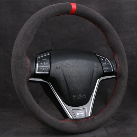 1PC Car Steering Wheel Cover Soft Wear-Resistant Comfortable Wear Resistant Universal Hand Sewing Black Suede Leather Braiding