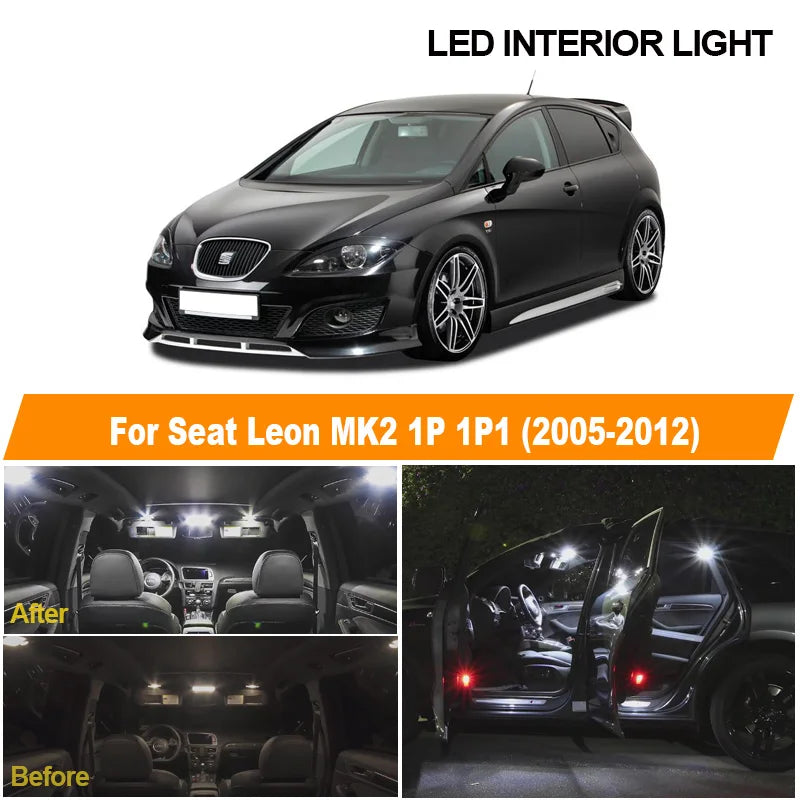 12pcs White Canbus No Error LED Interior Reading Dome Map Light Bulbs Kit For 2005-2012 Seat Leon MK2 1P 1P1 Car Accessories