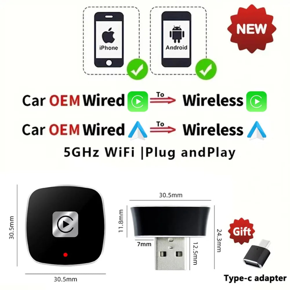 Wireless 2 in1 Carplay Adapter for Android iPhone Auto Wired to Wireless AI Box USB Connection For Volvo Benz Mg Kia Chery VW