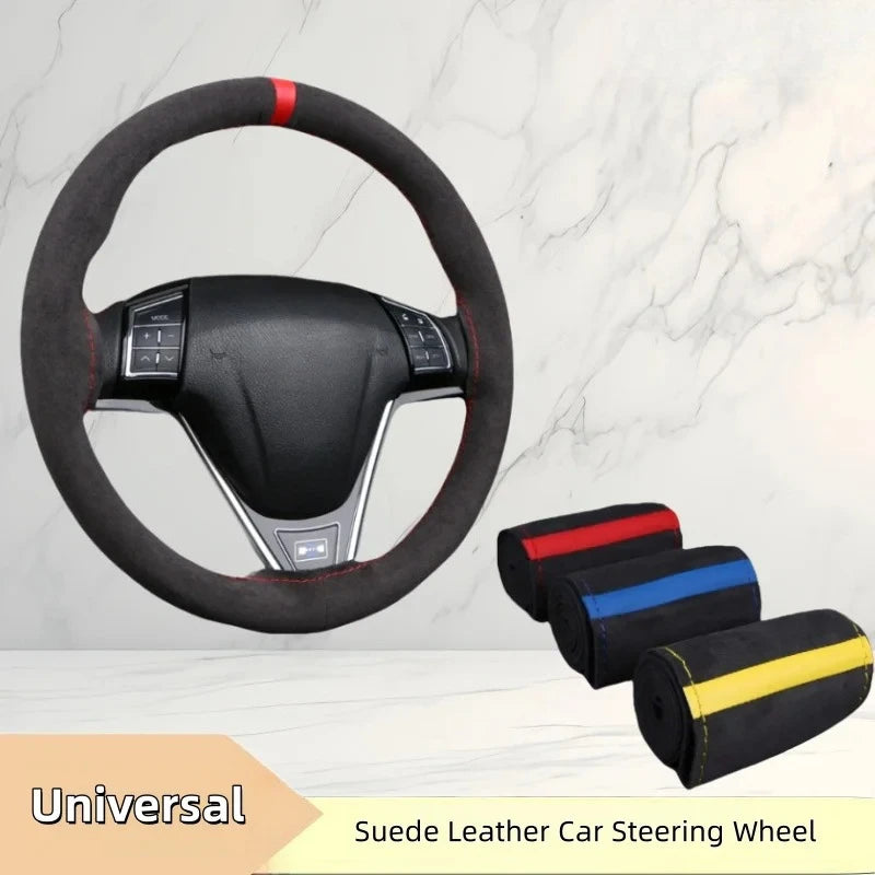 1PC Car Steering Wheel Cover Soft Wear-Resistant Comfortable Wear Resistant Universal Hand Sewing Black Suede Leather Braiding