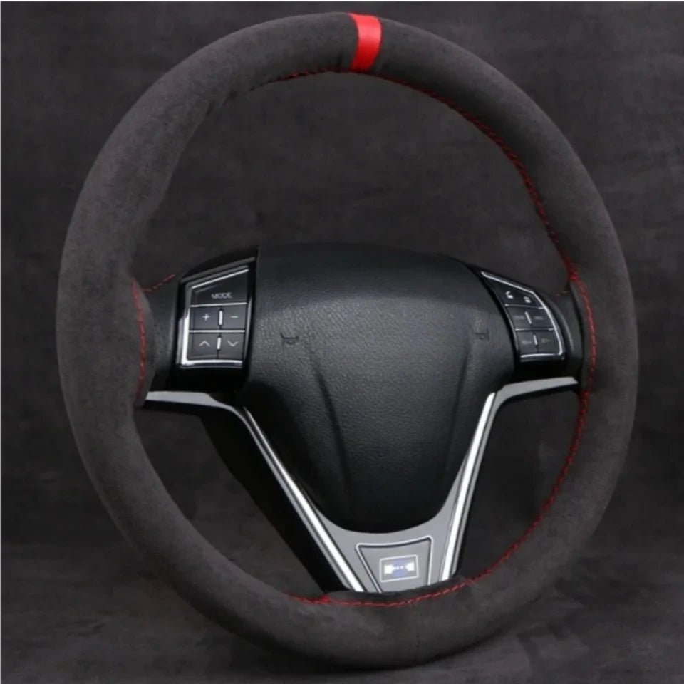 1PC Car Steering Wheel Cover Soft Wear-Resistant Comfortable Wear Resistant Universal Hand Sewing Black Suede Leather Braiding