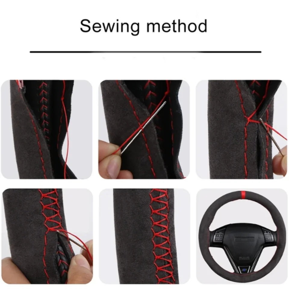 1PC Car Steering Wheel Cover Soft Wear-Resistant Comfortable Wear Resistant Universal Hand Sewing Black Suede Leather Braiding