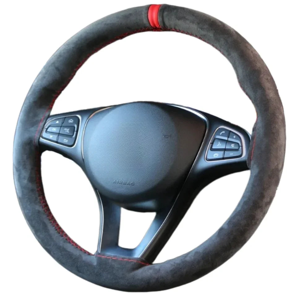 1PC Car Steering Wheel Cover Soft Wear-Resistant Comfortable Wear Resistant Universal Hand Sewing Black Suede Leather Braiding