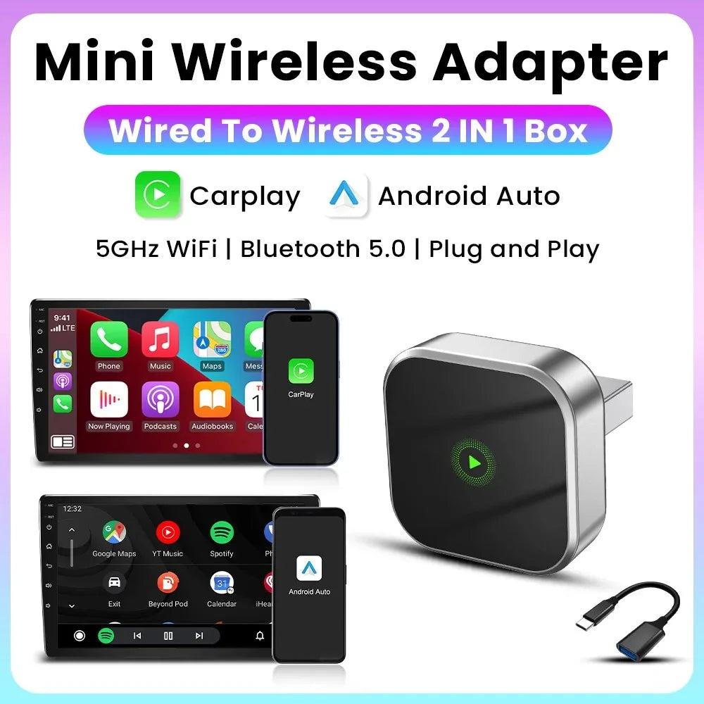 Wireless 2 in1 Carplay Adapter for Android iPhone Auto Wired to Wireless AI Box USB Connection For Volvo Benz Mg Kia Chery VW