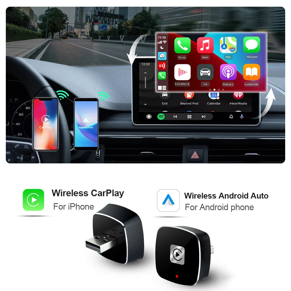 Wireless 2 in1 Carplay Adapter for Android iPhone Auto Wired to Wireless AI Box USB Connection For Volvo Benz Mg Kia Chery VW