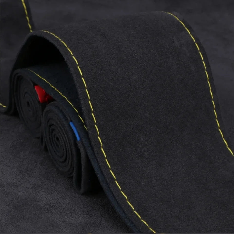1PC Car Steering Wheel Cover Soft Wear-Resistant Comfortable Wear Resistant Universal Hand Sewing Black Suede Leather Braiding