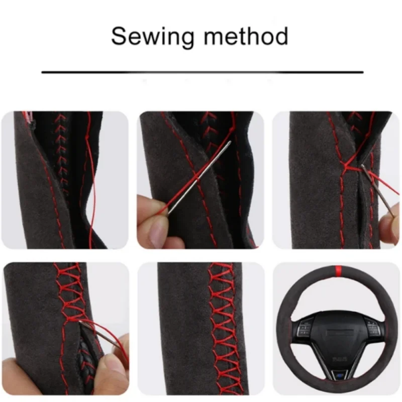 1PC Car Steering Wheel Cover Soft Wear-Resistant Comfortable Wear Resistant Universal Hand Sewing Black Suede Leather Braiding